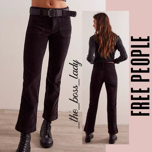 Free People corduroy pants velvet pants flare high rise cropped cotton 10 black - Picture 1 of 9